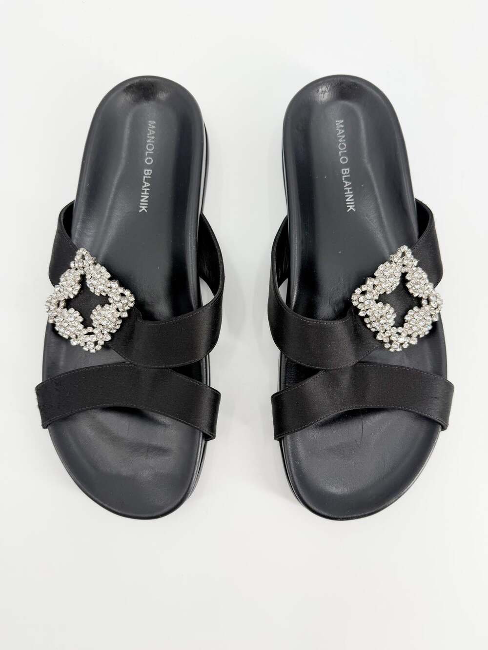 Manolo Blahnik Chilanghi Crystal Buckle Slide Sandals Black Satin Size 42 EU